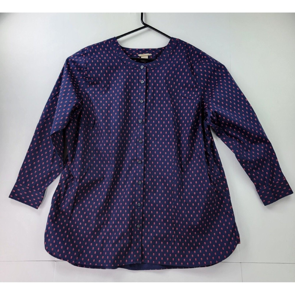 Duluth Blouse Womens 1X Wrinkle Free Pineapple Print Tunic Navy Blue Pockets